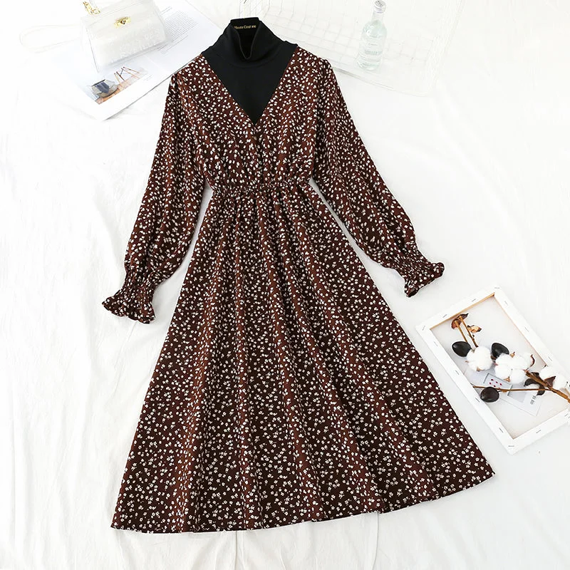 Flash Sale Online Corduroy floral dress with slim waist and vintage dress  4555