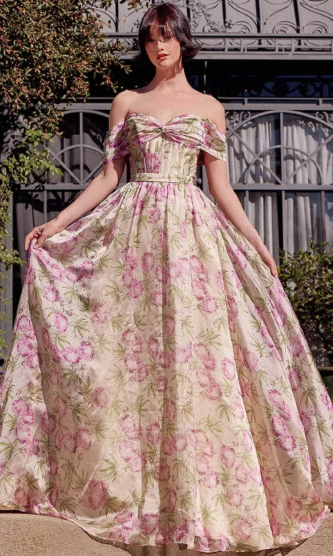 Stylish Clothes For Women Andrea and Leo A1466 - Floral Print Off Shoulder Prom Gown