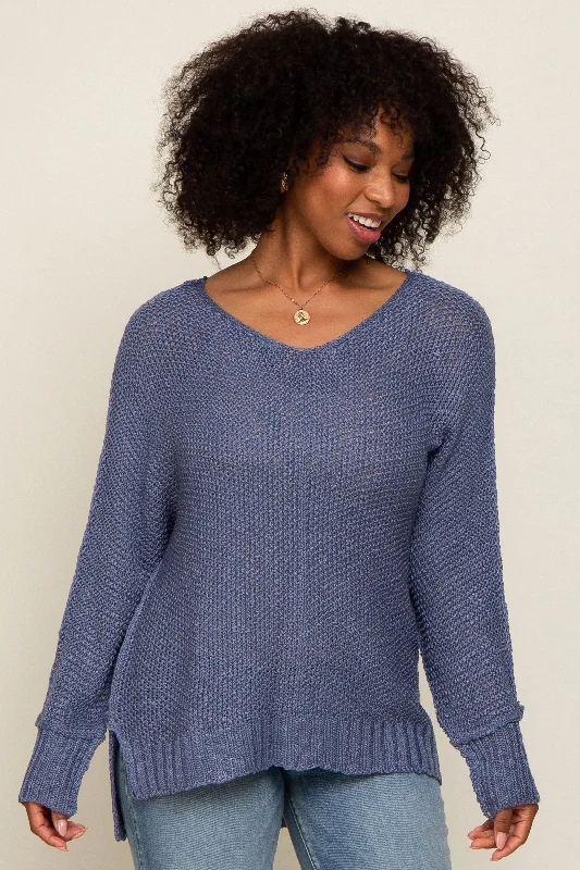 Modern Women's Clothes Blue Chunky Knit Side Slit Sweater