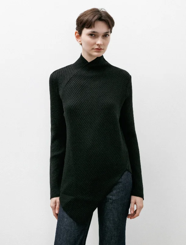 Women's Clothing Sale Asymmetrical Rib Knit Mockneck Black