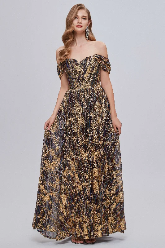 Women's Trendy Clothes Black and Brown Floral Print Off-the-Shoulder A-Line Long Prom Dress