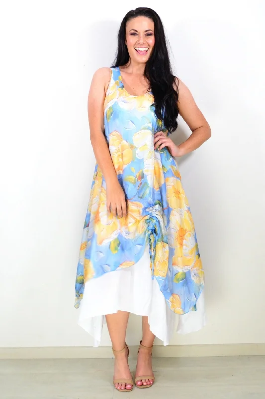 Affordable Women's Clothing Yellow Blue Floral Sleeveless Tunic Dress