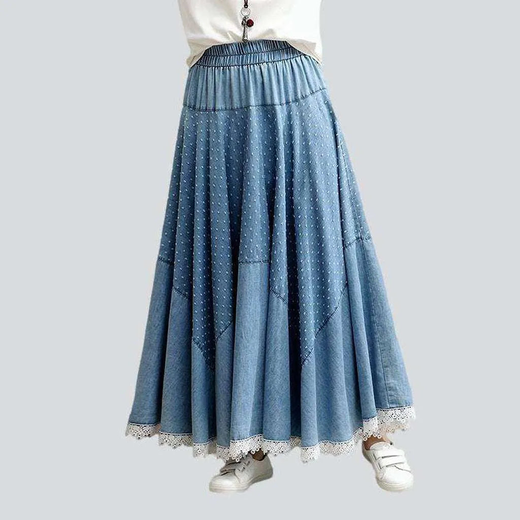 Trendy Boutique Online Lace hem embroidered denim skirt